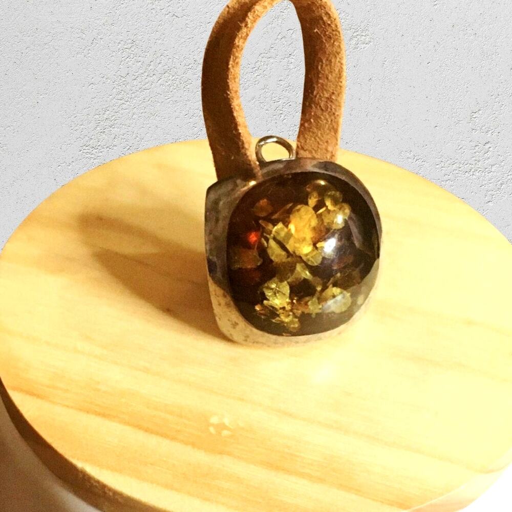 Y2K Boho Resin Amber Pendant with Gold Leaf Look 2001